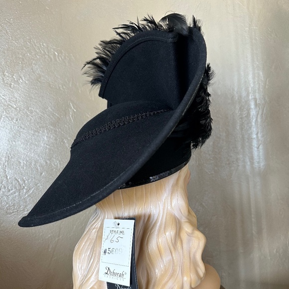 AMAZING NWT DESIGNER 1970s\' BLACK FELT WIDE BRIM HAT + FEATHERS, SEQUINS & BEADS main image 7